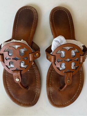 Tory Burch Tan Leather Logo Thong Sandals